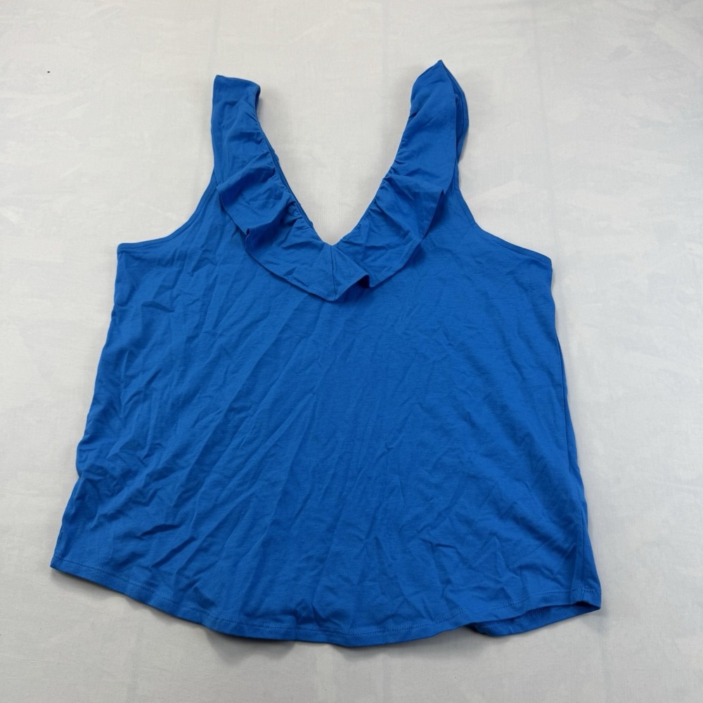 Lands' End Women's Medium 10-12 Blue Ruffle V Neck Sleeveless Cotton Modal Top